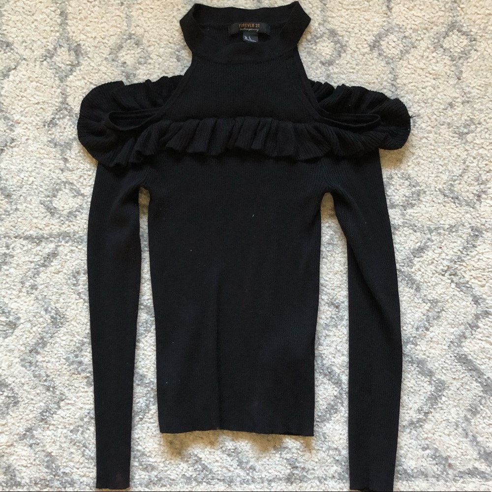 Cold shoulder high neck knit top